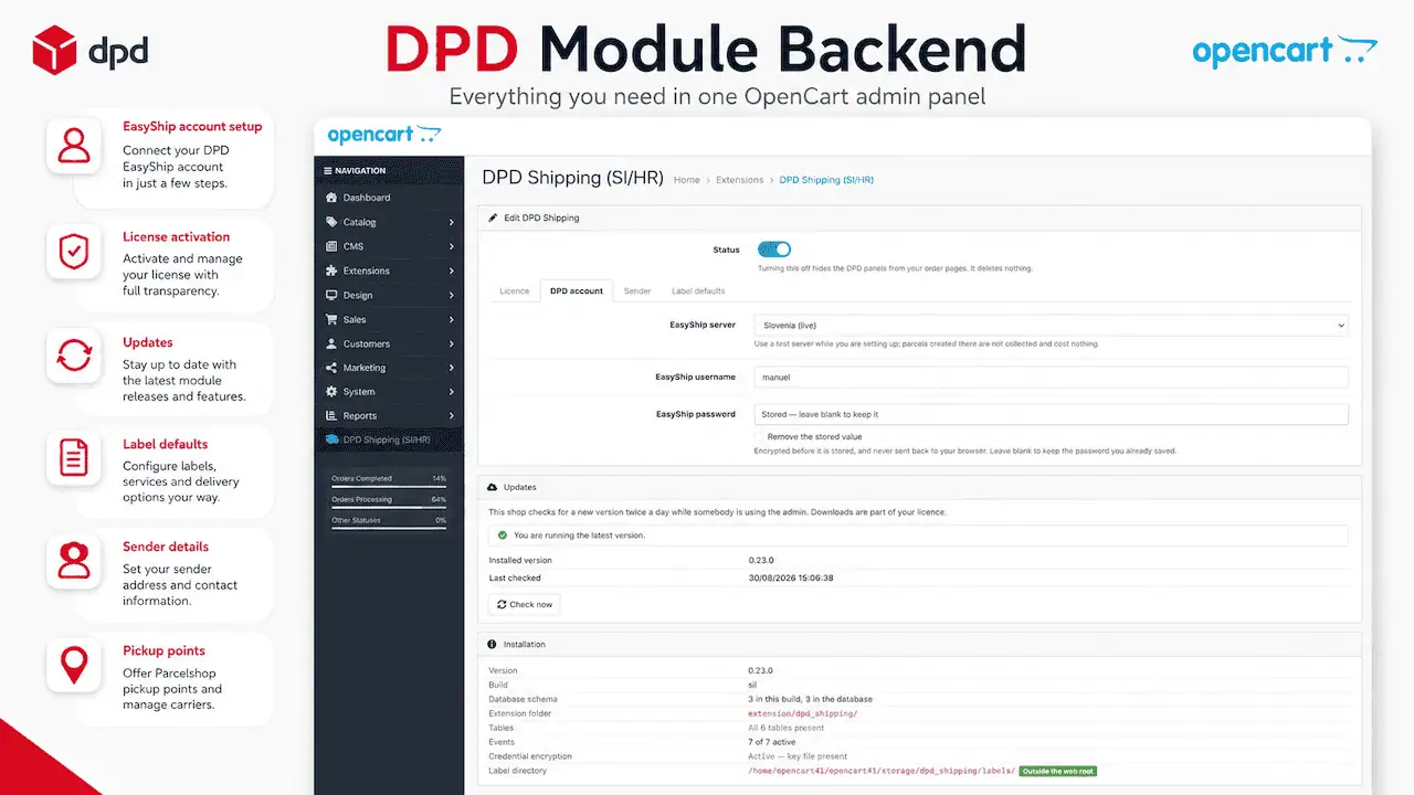 Nastavitve DPD modula v administraciji OpenCarta z nastavitvami EasyShip računa