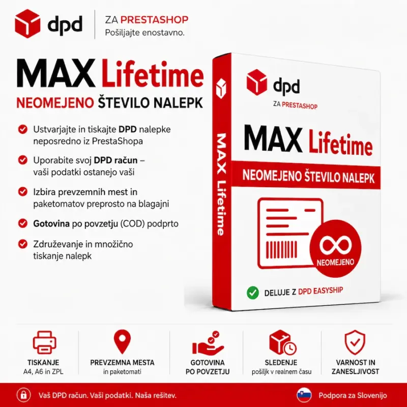DPD modul za PrestaShop — Max Lifetime, doživljenjska licenca