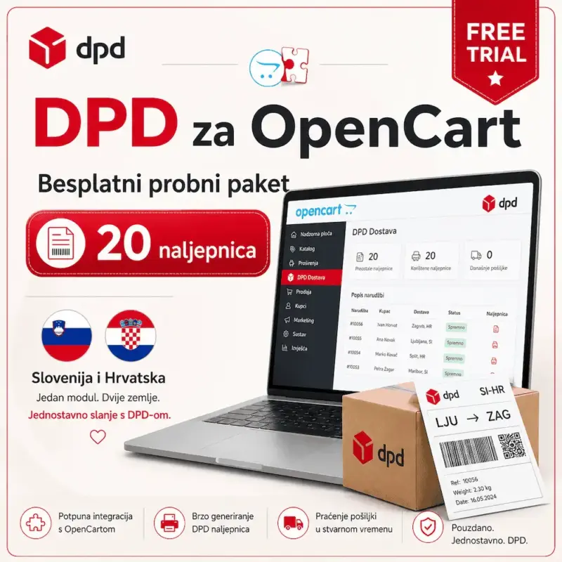 Besplatna proba DPD modula za OpenCart s 20 naljepnica