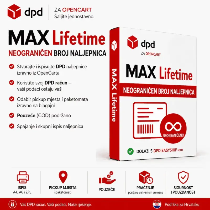 Max Lifetime – doživotna licenca DPD modula za OpenCart s neograničenim brojem naljepnica