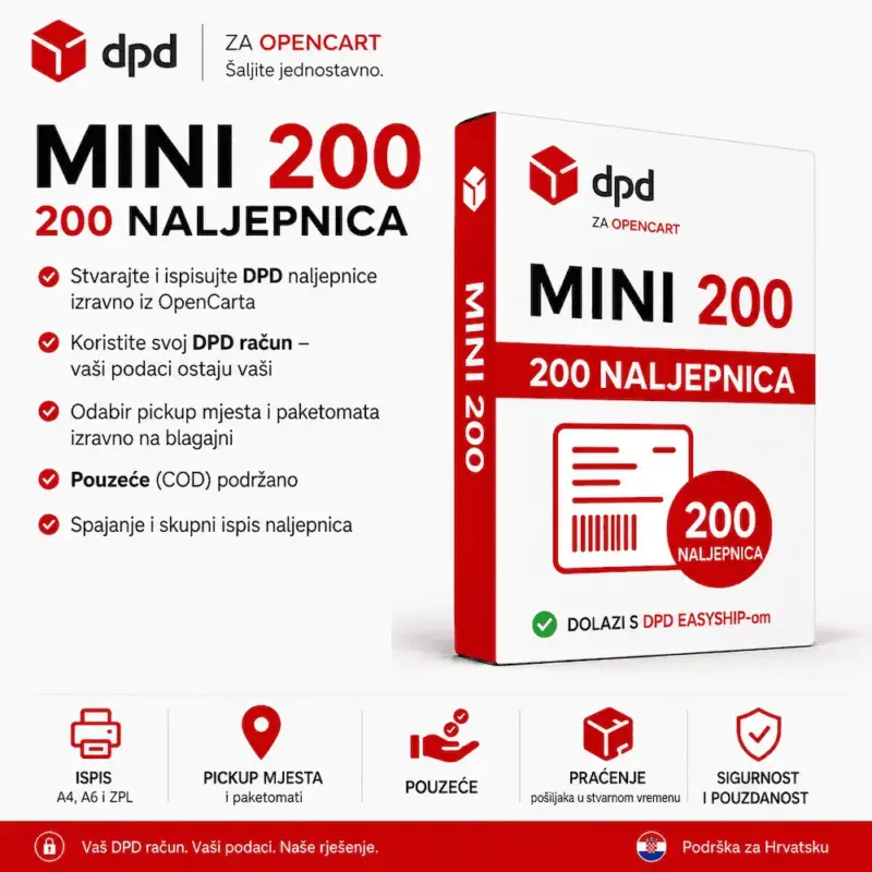 Mini 200 – godišnja licenca DPD modula za OpenCart s 200 naljepnica