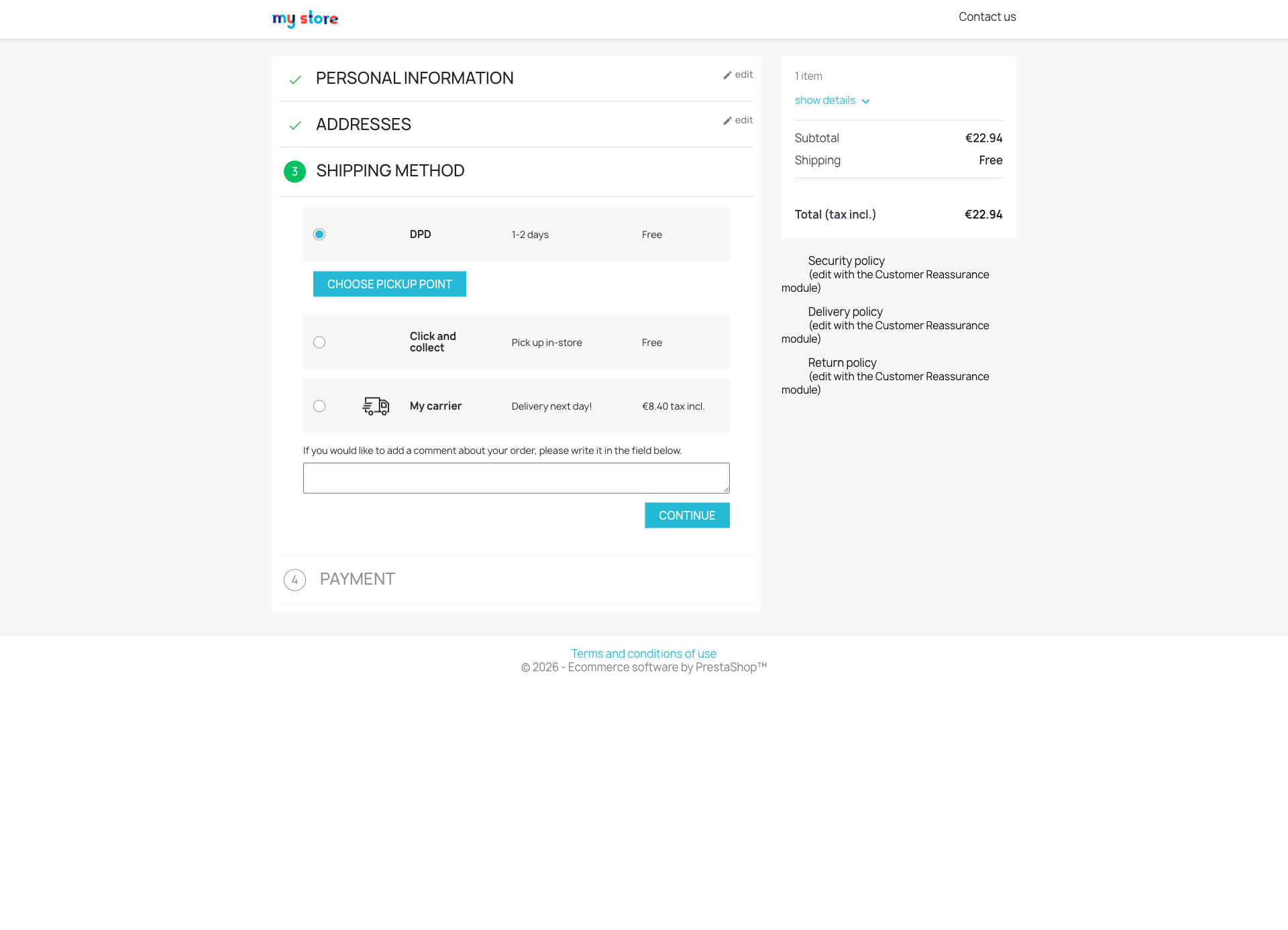 Izbira DPD prevzemnega mesta na PrestaShop blagajni