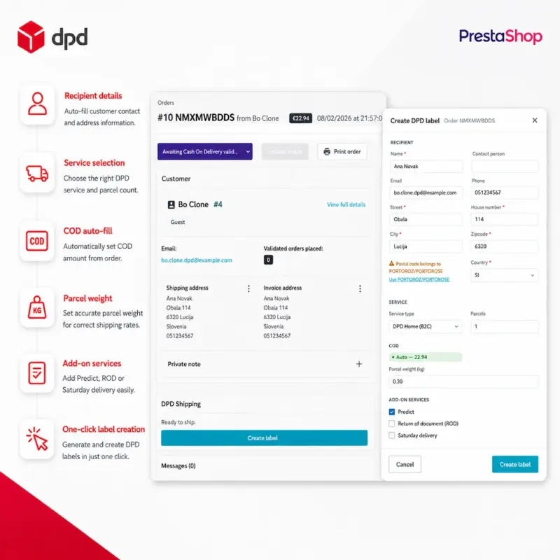 Ustvarjanje DPD nalepke v PrestaShop administraciji